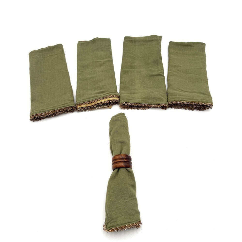 Pier 1 Imports Olive Green Cotton Napkins Gold Beaded Set of Five